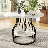 Flieks Rundtisch mit Platte in der Mitte zur Aufbewahrung, Esstisch 80x80x76 cm, Küchentisch mit marmorierter Tischplatte und schwarzen Metallbeinen
