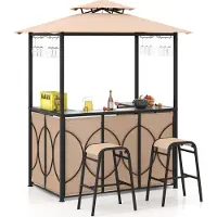 Costway Gartenbar Set, Bartisch mit 2 Barhocker, Metallregalen & Glashalter, Grillpavillon mit Doppeldach, Gartentheke Braun