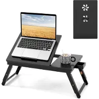 Costway Bambus Laptoptisch klappbar, Notebooktisch höhenverstellbar, neigbar & belüftet, Lapdesk mit Schublade für Lesen Frühstücks, 53x33x20-26,5cm