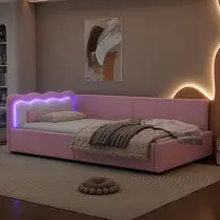 Flieks Schlafsofa Tagesbett 90x200cm mit LED, Polsterbett mit Lattenrost, Gästebett Einzelbett Holzbett Daybed mit Rückenlehne, Vliesimitat, Rosa