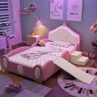 Merax Kinderbett 90x200 cm mit LED-Licht, Rutsche & Treppe, PolyurethanPolsterbett mit weichen Kanten, Holzlattenrost & wechselbarer Aufbau, Pink