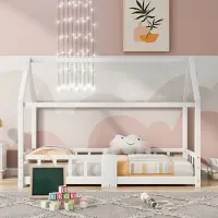 Merax Kinderbett 90 x 200 cm Hausbett mit Tafel und Rausfallschutz, Lattenrost und Zaun, Einzelbett für Mädchen und Jungen Kinderbetten aus massivem Kiefernholz, Weiß