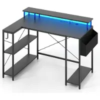 Costway L-förmiger Schreibtisch 120cm mit Steckdosen, LED, Monitorständer, Regalen & Aufbewahrungstasche, Eckschreibtisch Gaming Computertisch Schwarz