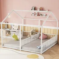 MODFU Kinderbett Metallbett 90x200cm mit Lattenrost und Geländer, Hausbett ltern-Kind-Bett, Doppelbett Design, Weiß(Ohne Matratze)