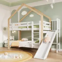 Flieks Etagenbett mit Rausfallschutz, Kinderbett mit Rutsche und Leiter, Hochbett mit Lattenrost, Hausbett Massivholzbett Stockbett 90x200cm, Weiß