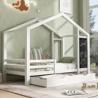 Sweiko Kinderbett mit 2 Schubladen und Tafel Einzelbett mit Lattenrost und Geländer Hausbett Massivholzbett 90 x 200 cm Weiß (ohne Matratze)