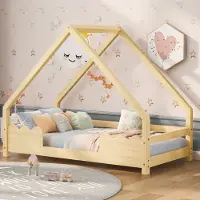 Sweiko Hausbett Kinderbett 90x200cm mit Rausfallschutz Spielbett Jugendbett Massivholz in Natur