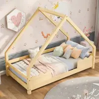 MODFU Kinderbett 90x200cm mit Lattenrost, Hausbett Jugendbett ltern-Kind-Bett mit Rausfallschutz, Massivholzbett, Naturbelassen(Ohne Matratze)