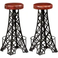 Syfax Barhocker 2er Set, Echtleder, Eiffelturm-Design, Braun und Schwarz, 40x40x76 cm