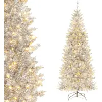 Costway 180 cm Bleistift Weihnachtsbaum Lametta, künstlicher Tannenbaum mit warmweißen LED-Leuchten & Metallständer, schlanker Christbaum PVC, Kunstbaum Weihnachten Büro Zuhause Geschäfte, Silber