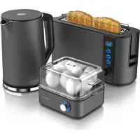 Arendo Frühstücks-Set in grau - Wasserkocher mit Temperatureinstellung / Toaster 2 Scheiben, Langschlitztoaster / Eierkocher 8 Eier
