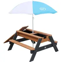 Axi Nick Zand & Water Picknicktisch in Anthrazit/Braun – mit Sonnenschirm in Blau/Weiß – Multifunktionaler Picknicktisch aus FSC-zertifiziertem Holz – Picknicktisch für Kinder aus Holz