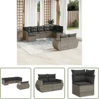 The Living Store 9-tlg. Garten-Sofagarnitur mit Kissen Grau Poly Rattan