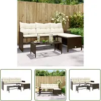 The Living Store Gartensofa in L-Form mit Tisch und Kissen Braun Poly Rattan