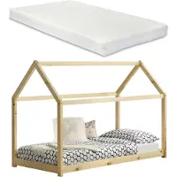 En.casa [] Kinderbett mit Matratze 90x200cm Natur Holz Haus-Design Kiefernholz Bett Holzbett Hausbett Kaltschaummatratze Standard 100 Allergikergeeignet Atmungsaktiv