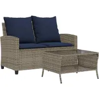 Syfax Gartensofa 2-Sitzer mit Kissen & Tisch Grau Poly Rattan