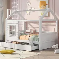 ALFORIGO Hausbett Kinderbett 90x200 cm aus massivem Kiefernholz, mit Rausfallschutz, Lattenrost und 2 Schubladen auf Rollen, Weiß