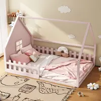 STILVORA 140x200 Kinderbett mit Hausleiste,Jugendbett aus Holz,Einzelbett in Hausform für Jungen und Kinder,Einfach zu montieren,mit Matratze,MDF,Rosa