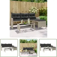 The Living Store Gartensofa in L-Form mit Tisch und Kissen Hellgrau Poly Rattan