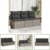 The Living Store Gartensofa mit Kissen 3-Sitzer Grau Poly Rattan