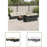 The Living Store 12-tlg. Garten-Sofagarnitur mit Kissen Schwarz Poly Rattan