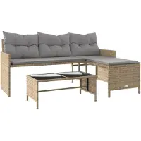 Syfax Gartensofa in L-Form mit Tisch und Kissen Beige Poly Rattan