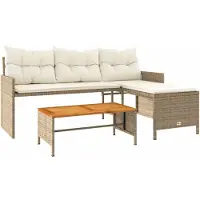 Syfax Gartensofa in L-Form mit Tisch und Kissen Beige Poly Rattan