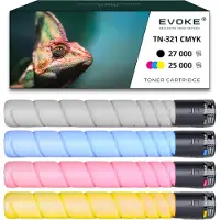 Evoke 4x Toner für Konica Minolta A33K150 / TN321K-TN321B A33K150 / TN321K CMYK = Schwarz + Blau + Rot + Gelb | Ersatz für C224e C284 C364e