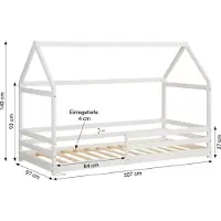 Homestyle4u Kinderbett 90x200 mit Lattenrost mit Rausfallschutz Hausbett Weiß Bodenbett