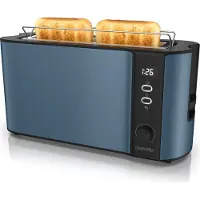 Arendo Toaster 2 Scheiben, Langschlitztoaster, Langschlitz, Edelstahl, 1000W, Display mit Restzeitanzeige, Brötchenaufsatz, Defrost Funktion, Wärmeisolierendes Gehäuse, blau