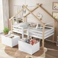 MODFU Halbhohes Bett，90x200cm，Kinderbett，Hausbett Design，mit Dach&Treppe&Schließfächer，ohne Matratze，Weiß+Natur