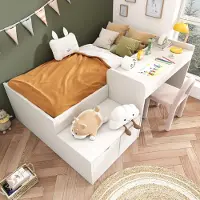 Merax Kinderbett Massivholz Einzelbett 90x200 cm mit Schreibtisch und Schubladen, Stauraumbett mit Lattenrost für Jungen & Mädchen, Weiß