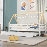 Flieks Kinderbett 90x200cm mit Lattenrost, Hausbett Einzelbett mit Ausziehbarem Bett, Tagesbett Gästebett, Weiß