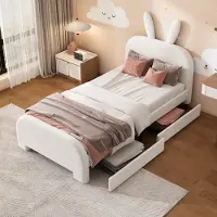 MODFU Kinderbett Polsterbett 90×200 cm mit Lattenrost und zwei Schubladen, Jugendbett Einzelbett mit Kopfteil in Kaninchenform(Ohne Matratze), Plushstoff Weiß