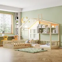 Merax Kinderbett Hausbett 90x200cm & 140x70cm mit Lattenrost und Sicherheitsgitter, Massivholz Bodenbett mit Fenster und Schornstein, Regal, Holz