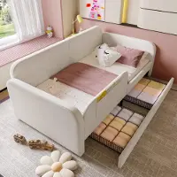 Flieks Kinderbett 90x200cm mit Rausfallschutz, Schlafsofa Tagesbett Kinderbett mit 2 Schubladen, Einzelbett mit Lattenrost, Samt, Weiß