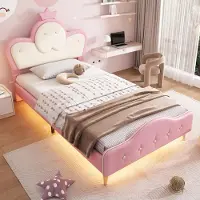 OKWISH Kinderbett Plattformbett 90×200 cm mit Lattenrost und LED-Streifen, Polsterbett Jugendbett für Jungen und Mädchen, Funktionelles Einzelbett mit Kopfteil mit Krone, Rosa+Weiß(Ohne Matratze)