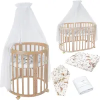 Waldin Babybett Oval 7in1 aus Holz mit Matratze, Rollen, Regal, Natur