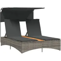 Syfax Doppel-Sonnenliege mit Dach und Auflagen Grau Poly Rattan