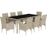 Syfax 9-tlg. Garten-Essgruppe mit Kissen Hellgrau Poly Rattan & Glas
