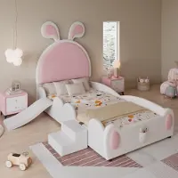 MODFU Kinderbett 90x200 Einzelbett mit kleiner Treppe und Kinderrutsche,Jugendbett-Kopfteil mit Hasenohren,mit Holzlratten,Weiß+Rosa(ohne Matratze)