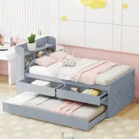 STILVORA Polsterbett 90x190, Jugendbett mit ausziehbarer Schublade Lattenrost und Nachttisch, Gästebett mit ausziehbarem Bett, Grau
