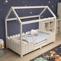 OKWISH Kinderbett Holzhaus Bett Bodenbett Bettgestell 90x200 Hausbett Baumhausbett Bettenhaus aus Holz （Weiß）