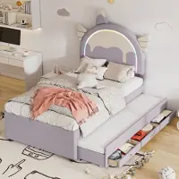 STILVORA Kinderbett 90×200 Polsterbett Ohne Matratze mit ausziehbares rollbett,mit 3-in-1 Schublade,Jugendbett mit Kopfteil in Einhornform,Lila