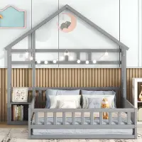 MODFU Jugendbett mit Matratze 140x200 Kinderbett mit Stauraum,Bettgestell mit Lattenrost,Hausbetten mit Geländer,mit Nachttischen,Grau