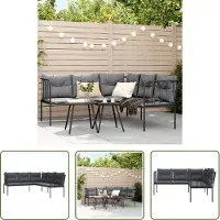 The Living Store Gartensofa in L-Form mit Kissen Schwarz Stahl und Textilene