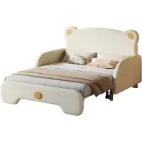 OKWISH , gepolsterter Bettrahmen, 140x200 cm, Kinderbett mit Bärenmotiv und Lattenrost aus Holz, beige (ohne Matratze)
