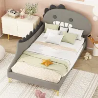 MODFU Kinderbett 90×200 mit Dinosaurier Design, modernes Polsterbett aus Polyurethanund MDF, Einzelbett Grau Bettrahmen mit Cartoon Kopfteil (Ohne Matratze)