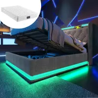 Youjia Polsterbett Doppelbet,360-Surround-LED-Funktion, Drucktaste/App/Fernbedienung,140*200 cm,Grau Leinen-Material Hydraulisches Lagerbett