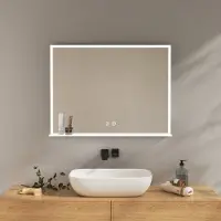 Emke Badspiegel mit LED beleuchtung, Horizontal Wandspiegel mit Ablage, 800x600mm Badezimmer Spiegel Touch-Schalter, Antibeschlag-Funktion